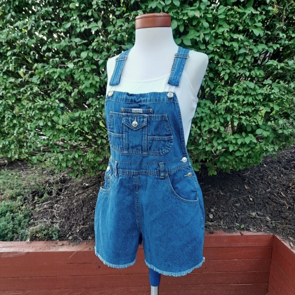 Route 66 Vintage 90's Denim Shortalls Bib Overalls Frayed Shorts Jeans Jorts - Picture 1 of 15